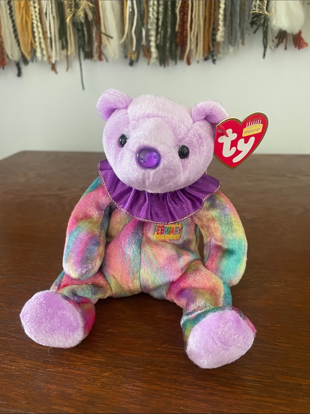 Ty Multicolor Tie-Dye Bear with Purple Head & Collar- February birthday Bear